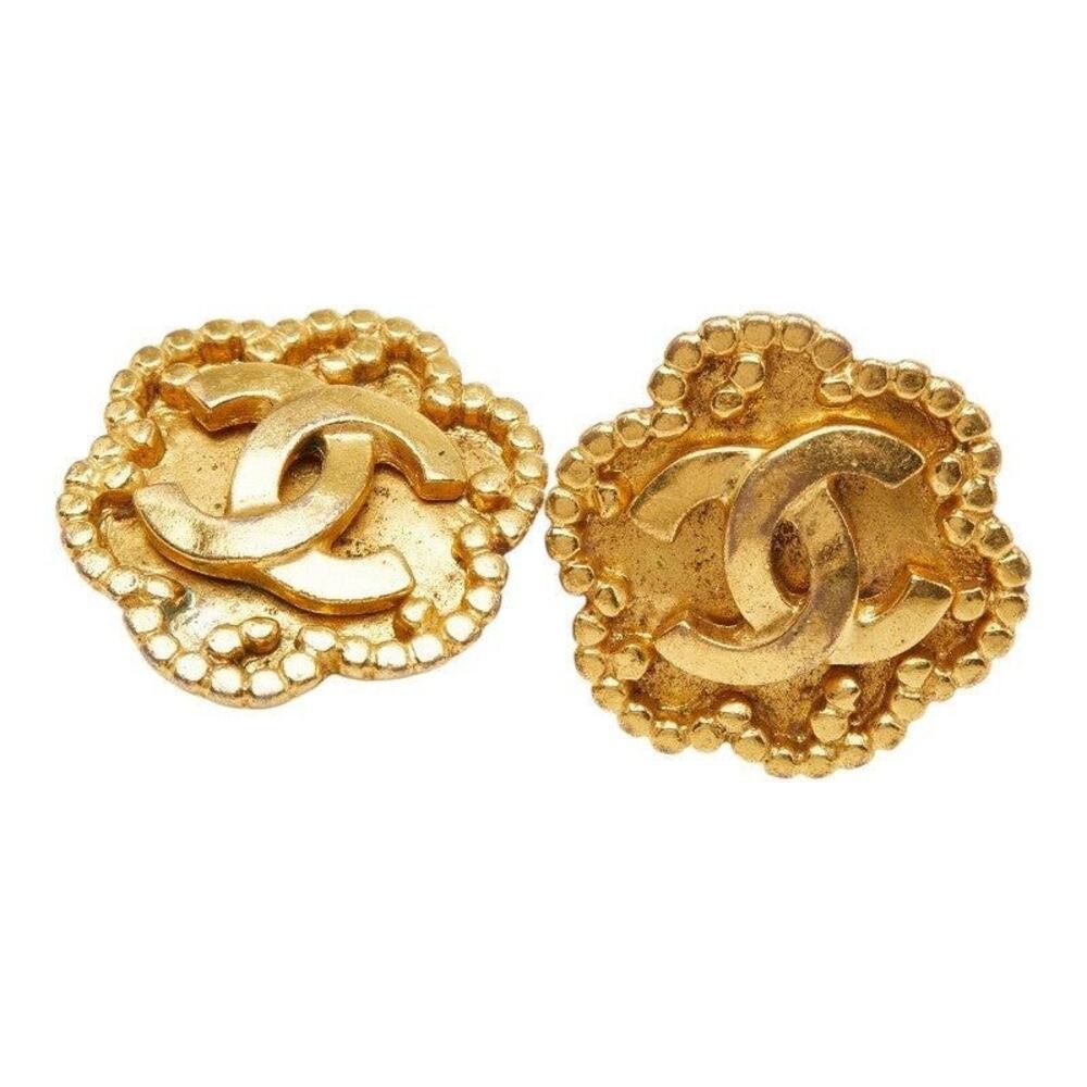 Chanel CC Logo Flower Motif Vintage Earrings 96A Gold Plated